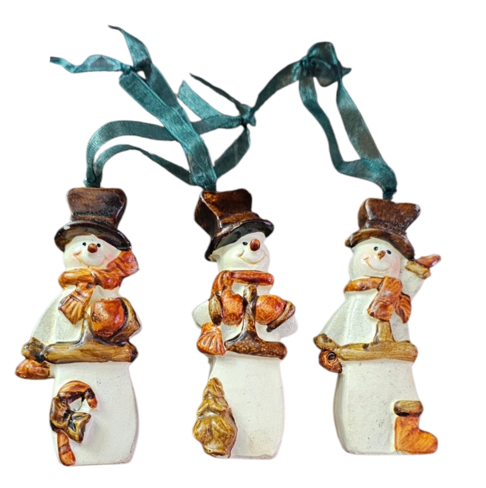 Vintage - Holiday Snowman Ornaments Set of 3 White and Brown